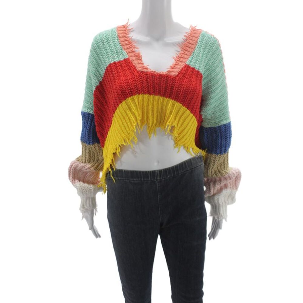 Wildfox Women Pullover Striped V-Neck Multicolor Cotton Long Sleeve Size XS